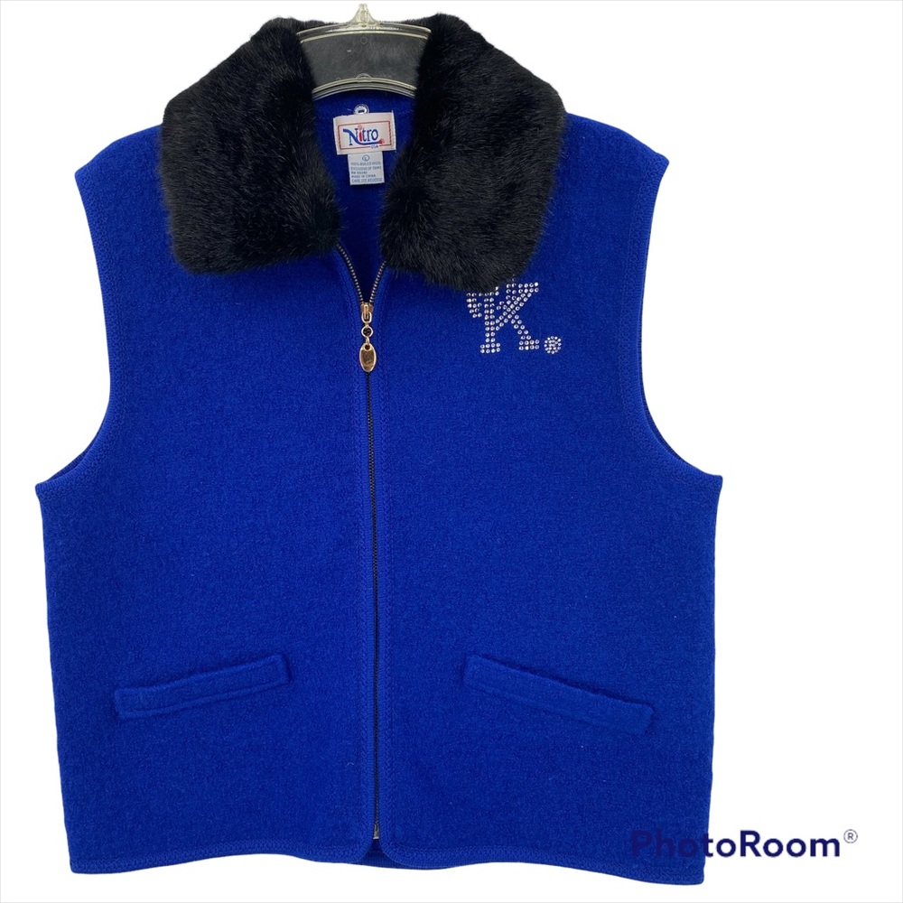VTG Kentucky College UK Wool Blue Vest Zip Up KY Wildcats Faux Fur Collar